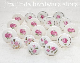 SETS OF Ceramic Pink + White Rose Knobs Shabby Chic Cabinet Drawer Pulls Flower Hardware Cottage Cupboard Door Porcelain - 1" Screw Included