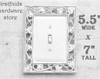One-Of-A-Kind Custom Over-Sized Electrical Cover Single Light Switch Plate Distressed White Shabby Chic Framed Painted Toggle Screw Included