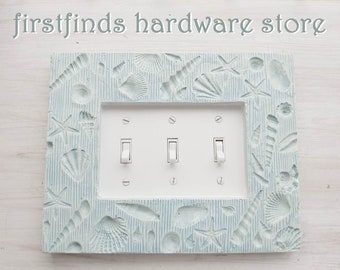 Seaside Blue White Triple Light Switch Plate Sea Shells Electrical Cover Unique Beach Cottage Painted Toggle Handmade Resin Screw Included