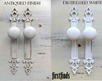 SETS OF Ornate White Metal Back Plates, Wood Knob Farmhouse Pantry Kitchen Cupboard Pulls Cabinet Door Hardware Tall - 1" Screws Included