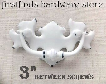 SETS of White Shabby Chic Drawer Pulls Painted Handle Cabinet Hardware Chippendale Swing Vintage Batwing Screws Included 3inch Mounting