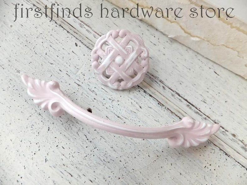 SETS OF 2 Pink & White Distressed Handles  Knobs Shabby Chic image 0