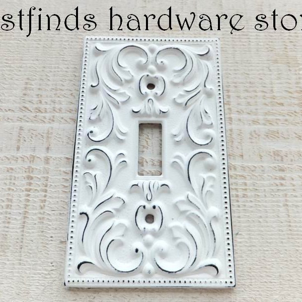 Light Switch Cover Plate Shabby Chic White Electrical Painted Cottage Vintage Metal Toggle Victorian Distressed Ornate Swipe for more Pics