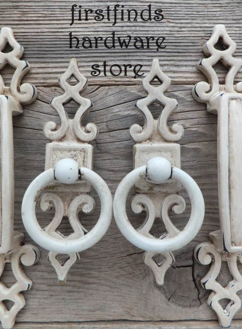 SETS OF 2 Ring Pulls White Shabby Chic Door Back Plates Antique Finish