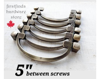 6 Heavy Brass Swing Handle Drawer Pull Long Vintage Bail Metal Furniture Dresser Gold Hardware Cabinet Screw Included 5inch Mounting