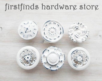 SETS OF 6 & 12 Distressed White Black Misfit Knobs Shabby Chic Drawer Pulls Painted Kitchen Cabinet Hardware Apothecary - Screws Included