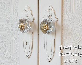 Cabinet Pulls 2 Unique Shabby Chic White Gold Farmhouse Hardware Glass Knobs and Decorative Metal Door Plates Kitchen Cupboard Handle