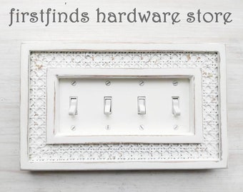 Farmhouse Wood Light Switch Plate Distressed White Electrical Cover Quad One-of-a-kind Rustic Rattan Wall Toggle Four Framed Screws Included