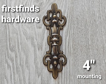 5 AVAIL Large Handles & Backplates Original Brass Furniture Pull Vintage Cottage Decor Door Kitchen Cabinet Hardware Screw Included 4" Mount