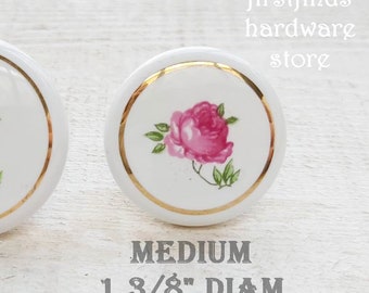 Ceramic Floral Knob  Flower Pink White Green Rose Shabby Chic Cabinet Drawer Pull Hardware Cottage Cupboard Door Porcelain Screw Included