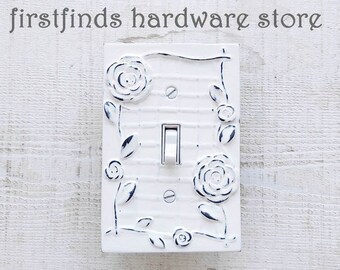 Limited Qtys Shabby Chic White Light Switch Farmhouse Rose Electrical Plates Plug Outlet Cover Resin Painted Toggle Double Screws Included