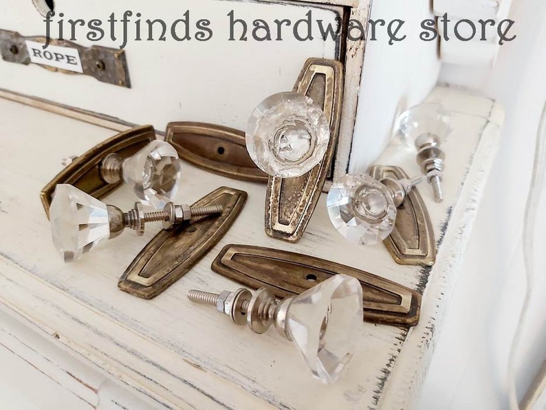 READY TO SHIP Glass Knob Vintage Metal Back Plate Cabinet Door image 0