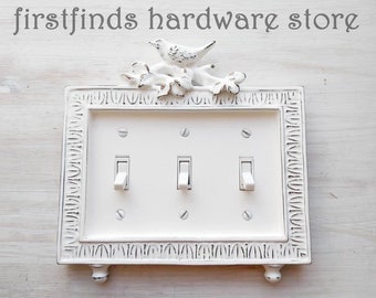 Distressed Off-White & Bronze Light Switch Plate Shabby Chic Over Sized Electrical Cover Bird Triple Painted Toggle Framed Screws Included