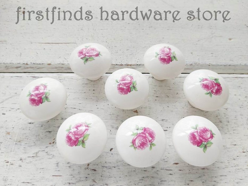 SET OF 8 Pink White Rose Knobs Cabinet Drawer Pulls Shabby image 0