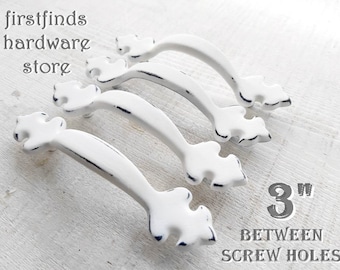 White Drawer Pulls Fleur De Lis Shabby Chic Kitchen Cabinet Handles Painted Hardware French Farmhouse Screws Inc. 3inch Mounting 24 AVAIL