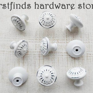 SETS of Cottage Distressed White Knobs Kitchen Cabinet Pulls Painted Shabby Chic Furniture Dresser Drawer Cupboard Door - Screws Included