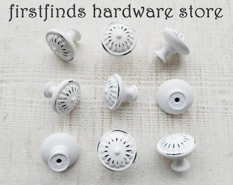 SETS of Cottage Distressed White Knobs Kitchen Cabinet Pulls Painted Shabby Chic Furniture Dresser Drawer Cupboard Door - Screws Included