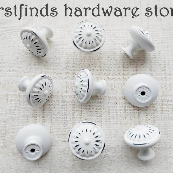 SETS of Cottage Distressed White Knobs Kitchen Cabinet Pulls Painted Shabby Chic Furniture Dresser Drawer Cupboard Door - Screws Included