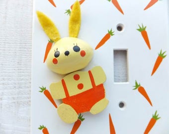 MCM Genuine Vintage Nursery Room Light Switch Cover Vintage Bunny Rabbit Single Electrical Plate Yellow Orange Carrots Toggle Screw Included