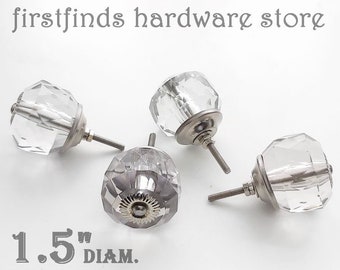 SET OF 4 Cut Glass Knobs Clear Crystal + Silver Metal Heavy Cabinet Pulls Chic Drawer Hardware Farmhouse Kitchen Cupboard Door 1.5Inch Diam