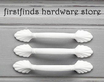 White Palm Handles and Villa Rose Knobs Shabby Chic Farmhouse Kitchen Cabinet Pull Door Painted Hardware Metal Furniture Screws Included