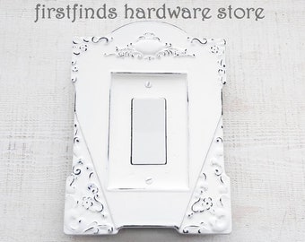 ONE of a KIND Arched Single GFI Light Switch Plate Shabby Chic Over-Sized Electrical Cover White Black Framed Painted Rocker Screws Included