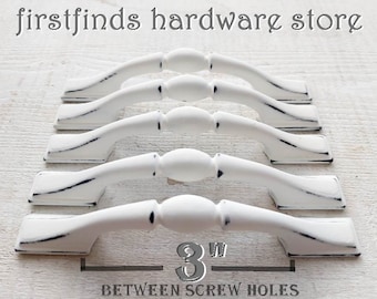 Shabby Chic White Kitchen Cabinet Handles Painted Farmhouse Paddle Drawer Pulls Metal Furniture Hardware - 1" Screws Included 3inch Mounting