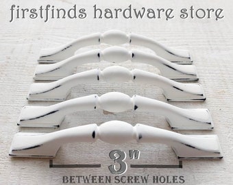 Shabby Chic White Kitchen Cabinet Handles Painted Farmhouse Paddle Drawer Pulls Metal Furniture Hardware - 3inch Mounting