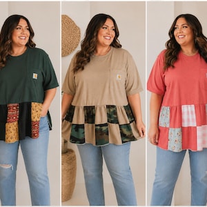 May include: Three short-sleeve t-shirts with chest pockets and Carhartt labels. The first is dark green with a black and patterned patchwork hem. The second is tan with a camouflage patchwork hem. The third is coral with a floral and plaid patchwork hem.