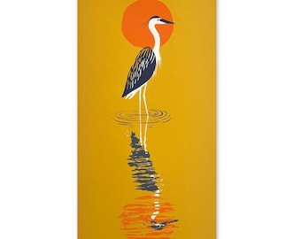 Blue Heron Silk Screen Print | Hand-Pulled Artwork (8"x16")
