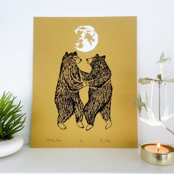 Waltzing Bears | 8"x10" Silk Screen Print | Folk Woodland Art