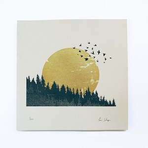 Golden Flock | Silk-screen print | Birds flying over golden sunset forest landscape