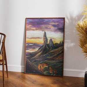 Isle of Skye Art Print: Hand-Drawn Fox Cub, Old Man of Storr