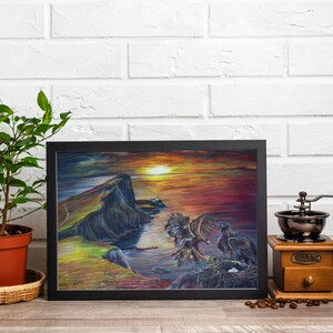 Neist Point Eagles wall art. Sunrise art, eagle illustration, coloured pencil, isle of skye, office wall art, dramatic art, fantasy