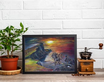 Neist Point Eagles wall art. Sunrise art, eagle illustration, coloured pencil, isle of skye, office wall art, dramatic art, fantasy