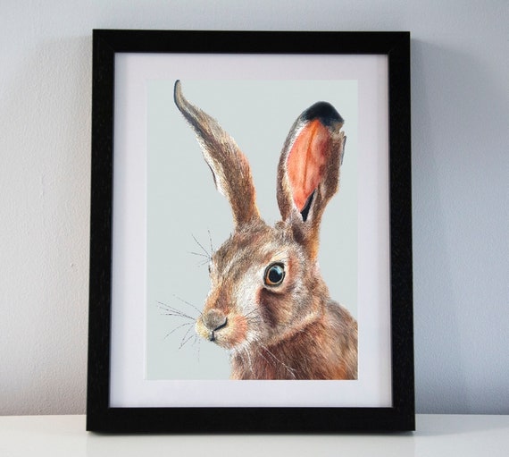 Hare art print. hand drawn hare print, home decor hare, cute bunny art, graphic wall art, wild hare, wild rabbit, Christmas gift ideas