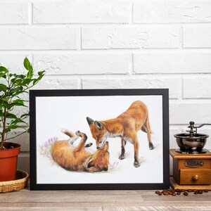 Fox wall art, Scottish art, Coloured Pencil wall art, contempoarty, orange decor, foxes, cottage core, floral art print, red fox gift
