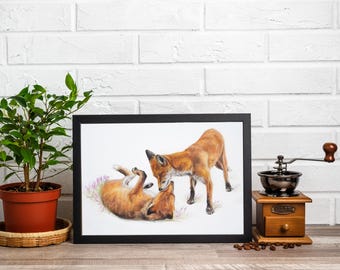 Fox wall art, Scottish art, Coloured Pencil wall art, contempoarty, orange decor, foxes, cottage core, floral art print, red fox gift