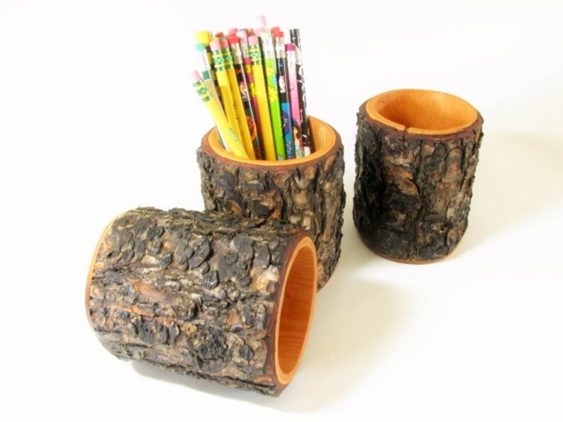 Rustic log pencil holder. Lodge pole pine wood log pen holder. Etsy
