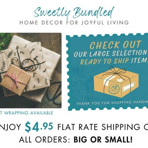 The image is a promotional advertisement for home decor items, featuring a close-up of a wrapped gift box and a note about gift wrapping availability.