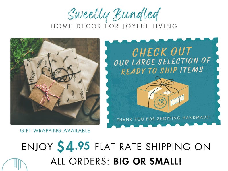 The image is a promotional advertisement for home decor items, featuring a close-up of a wrapped gift box and a note about gift wrapping availability.