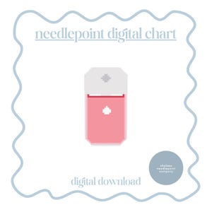 May include: A digital needlepoint chart with a pixelated design of a pink and white object. The text "needlepoint digital chart" and "digital download" are displayed in a light gray font. A small, light blue circle with text is in the lower right corner.