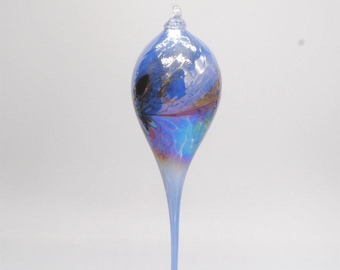 e00-68 Handblown Iridescent Rain Drop Ornament Light Blue