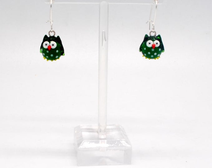 Miniature Glass Owl Earrings - Green