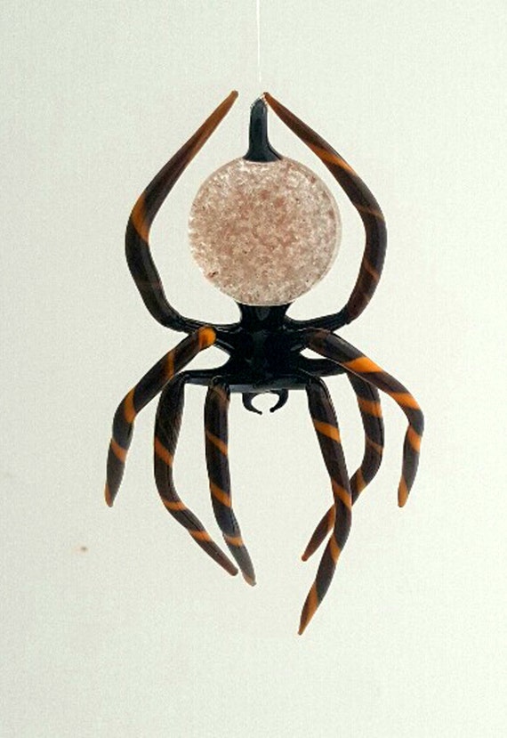 e30-21A Hanging Brown Spider with striped legs and aventurine in abdomen