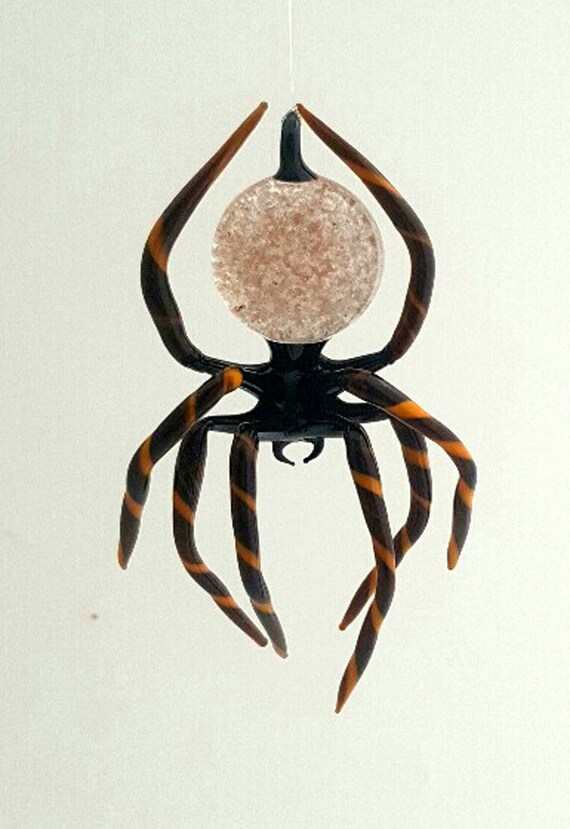 E30 21a Hanging Brown Spider With Striped Legs and Aventurine in