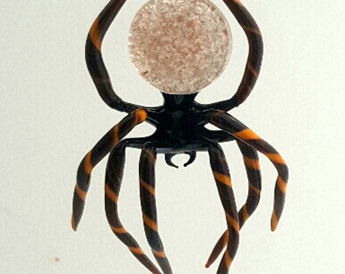 e30-21A Hanging Brown Spider with striped legs and aventurine in abdomen