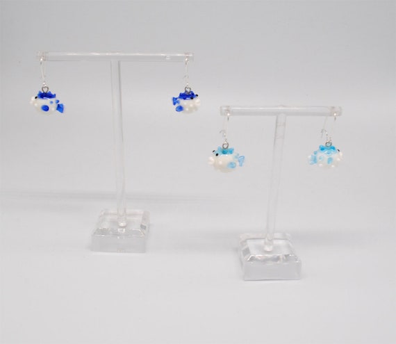 One pair of Miniature Glass Pufferfish Earrings (Aqua Blue or Cobalt Blue)