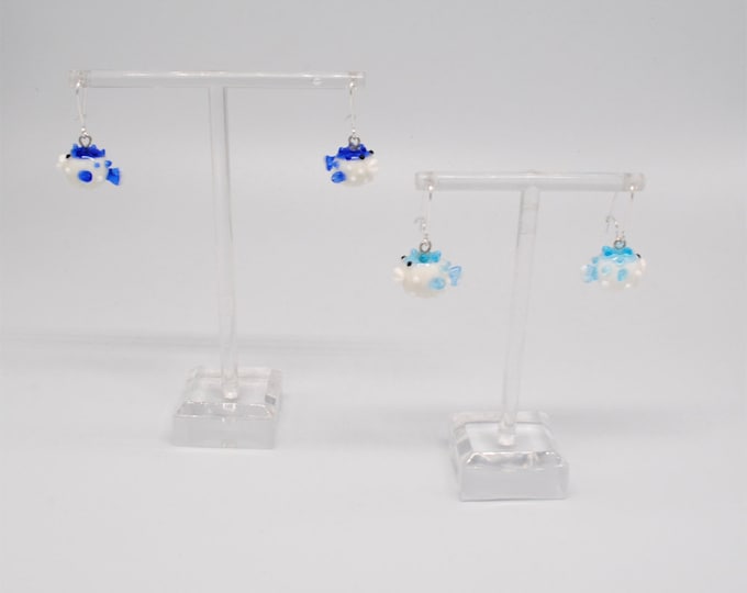 One pair of Miniature Glass Pufferfish Earrings (Aqua Blue or Cobalt Blue)