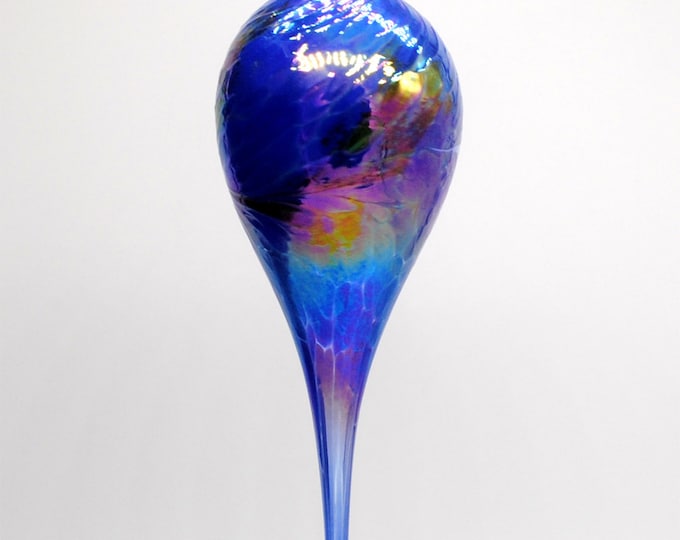 e00-68 Handblown Iridescent Rain Drop Ornament Cobalt Blue